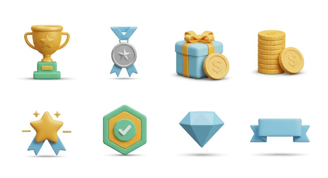 Collection of 3D achievement and reward icons representing success, victory, wealth, and premium quality for diverse digital platforms and gamification elements