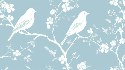 Obraz premium Minimalist silhouette pattern of a white bird perched on cherry blossom branches over soft blue background