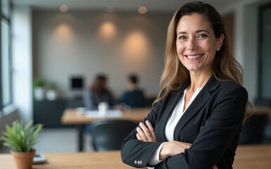 Beautiful hispanic senior business woman with crossed arms smiling at camera. European or latin confident mature good looking middle age leader female businesswoman on office background, copy space.