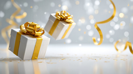 Celebration gift boxes with golden ribbons and sparkles