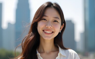 Close up portrait of asian young woman smiling and looking at camera with perfect white teeth, at the background city buildings. Attractive happy chinese female standing outdoors. High quality photo