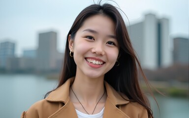 Close up portrait of asian young woman smiling and looking at camera with perfect white teeth, at the background city buildings. Attractive happy chinese female standing outdoors. High quality photo