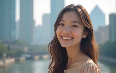 Close up portrait of asian young woman smiling and looking at camera with perfect white teeth, at the background city buildings. Attractive happy chinese female standing outdoors. High quality photo
