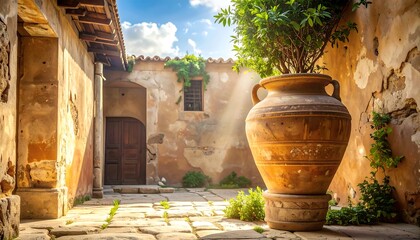 Ancient courtyard scene with large pottery and sunbeams