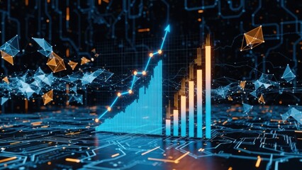 Futuristic blue bar and line graphs show upward trend on a dark circuit board with data points