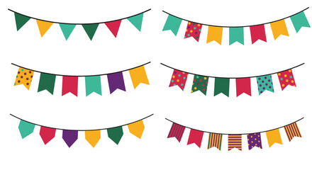 Obraz premium Collection of colorful hanging party bunting flag banners with various patterns for birthday, festival, and celebration decorations.