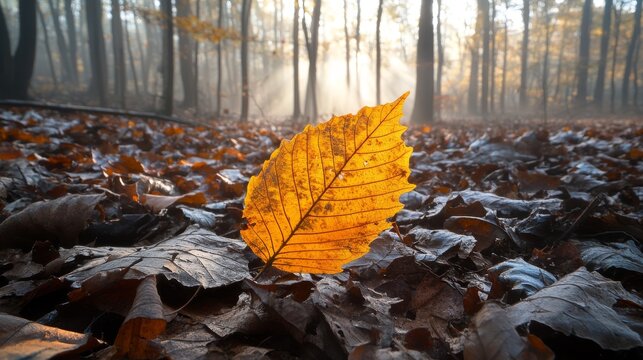 Solitary yellow-orange hickory leaf frozen in descent through dappled sunlight in Ryerson Woods, Illinois, leaf edges beginning to curl showing seasonal progression, background reveals misty forest