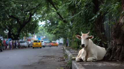 A white cow sitting calmly on the side of an Indian street. Peaceful urban scene showing everyday life, cultural atmosphere, and coexistence between animals and city environment.