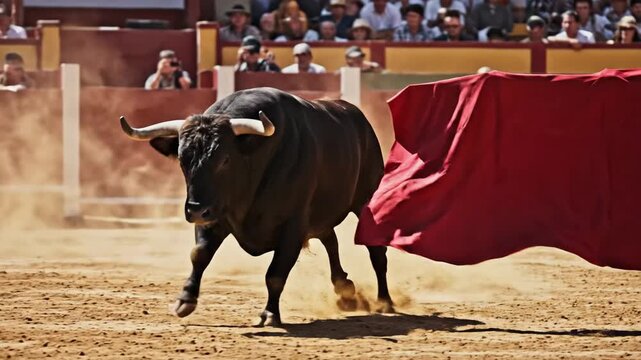 Intense Bullfight Scene with Matador and Charging Bull in Arena.