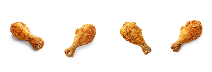 Four fried chicken drumsticks on a white background.