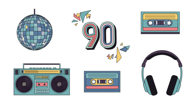 Collection of 90s retro music and party icons, including a boombox, cassette tapes, disco ball, and headphones vector set.
