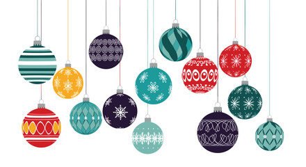 Collection of colorful hanging christmas ball ornaments with various intricate patterns like snowflakes, stripes, and geometric designs.