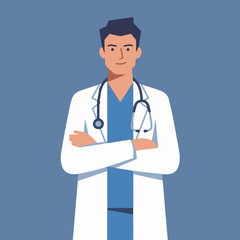 Fototapeta premium “Doctor standing confidently with arms crossed, flat vector style, solid color background, simple shapes, professional pose.”