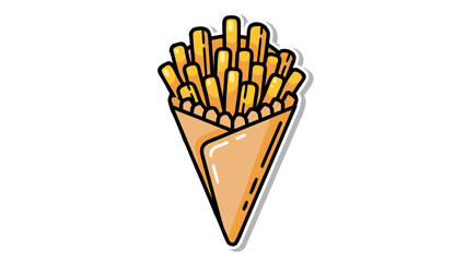 Golden French Fries in a Toasted Cone Wrapper with a White Outline and Shadow on a Black Background a Staple Food Item