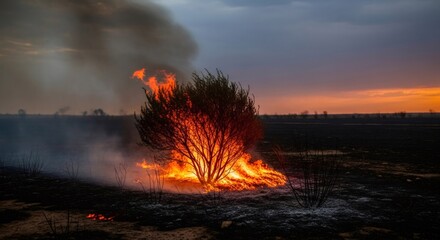 Burning bush with large flames in dry field at sunset. Wildfire danger and natural disaster concept for climate change awareness.