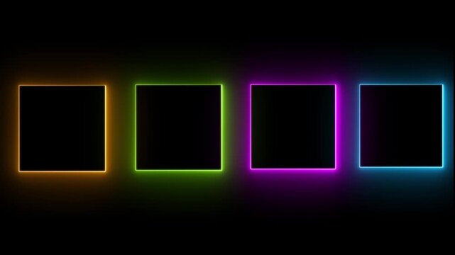 Collection of neon glowing square frames. Glowing frame. Orange, yellow, green and blue LED fluorescent lasers isolated on black background. Vector illustration. 4k animation video..