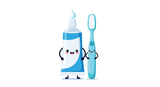 Cute cartoon toothbrush and toothpaste tube characters holding hands and smiling, promoting children's dental health and hygiene.