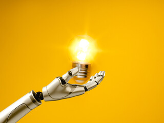 Robot hand holding glowing light bulb symbolizes artificial intelligence, innovation, smart technology, machine learning creativity, and efficient AI-powered problem-solving and decision-making.