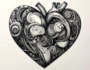 Black and white intricate anatomical heart drawing