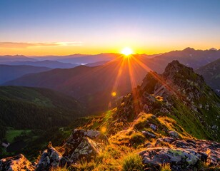 Breathtaking mountain vista as the sun rises, casting golden rays