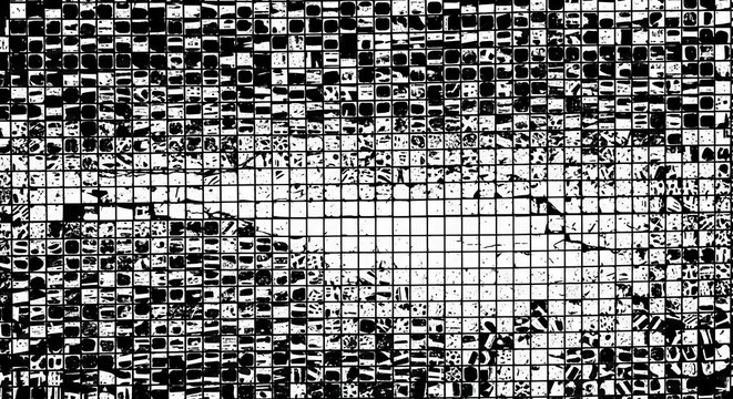 Monochrome pattern composed of numerous small, filled, and empty squares forms an abstract texture