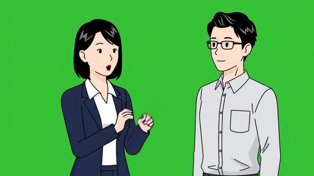 An engaging cartoon illustration featuring two professional people talking and communicating, depicting an dynamic animated discussion between characters sharing ideas
