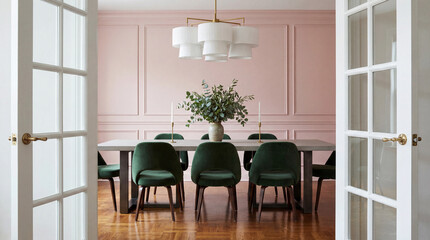 modern dining room with pink walls, green chairs, and elegant chandelier