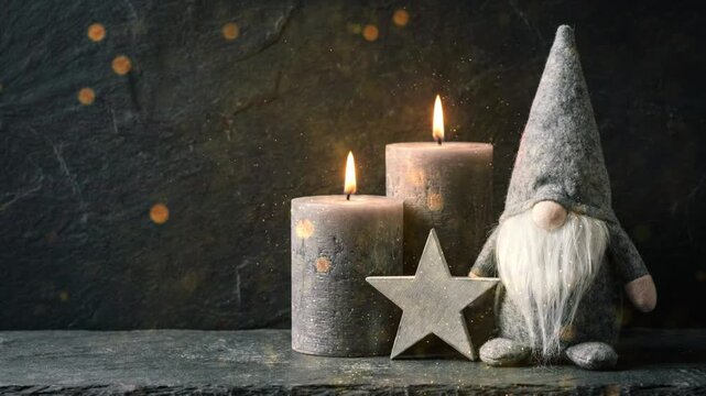 Cozy Christmas scene with two lit grey candles, a charming gnome figurine, and a star decoration on a dark background with bokeh lights.