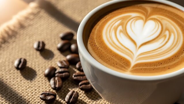 Close-up of a white cup of latte with beautiful heart-shaped latte art, surrounded by roasted coffee beans on a textured burlap surface in warm light. - Powered by Adobe