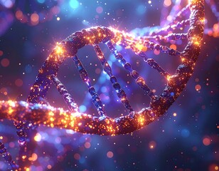 Close-up of a DNA double helix model with glowing particles
