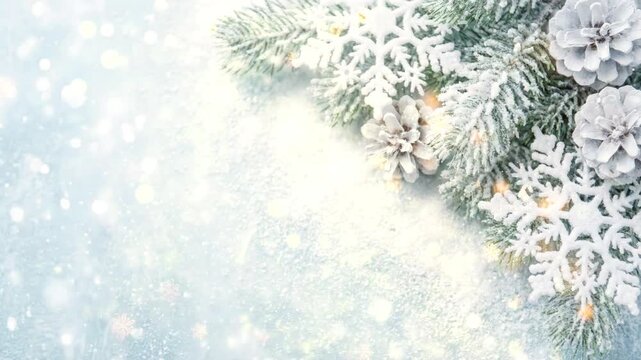 Festive winter holiday border with frosted evergreen branches, pine cones, and sparkling snow background.
