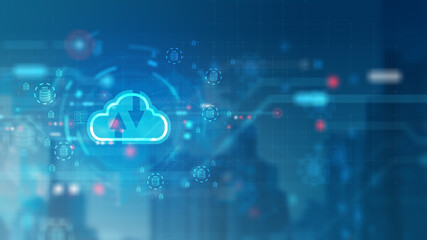 A futuristic cloud computing interface showing data transfer, storage icons, and digital network connections, representing online backup, big data systems, and modern IT infrastructure.