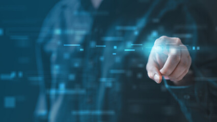 A hand touching a glowing digital interface with floating data streams, representing modern technology, information flow, big data processing, and futuristic artificial intelligence systems.