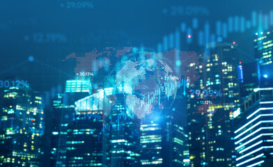 A digital world map overlay showing global financial data, market trends, and international trade connections above a modern city skyline, representing global business and economic networks.