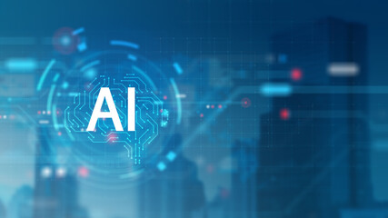 A futuristic AI interface displayed over a cyber city skyline, representing modern technology, artificial intelligence systems, digital networks, and the concept of smart urban infrastructure.