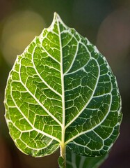 Close-up of a single green leaf with white veining