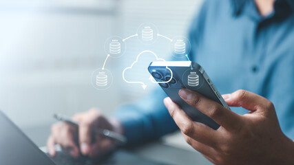 cloud, server, network, computing, data, cloud computing, network, A person uses a smartphone to access cloud data, symbolizing secure storage, network connectivity, and modern digital infrastructure.