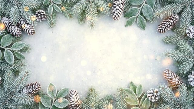 Festive winter holiday border with frosted evergreen branches, pine cones, and sparkling snow background.