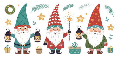 vector Christmas Adorable Christmas gnome vector pack featuring many cute gnomes with festive hats and beards for holiday designs.