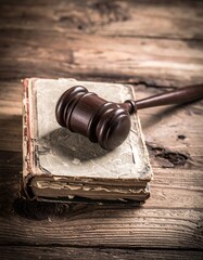Close-up of a wooden gavel resting on an antique book, top view