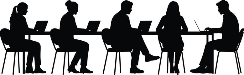 Office teamwork, laptop collaboration, digital workspace, group productivity, tech meeting, seated professionals, modern work culture, cad drawing flat vector illustration