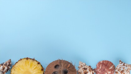 Exotic tropical beach items on light blue background with copy space for text