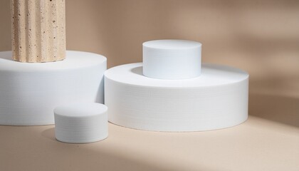 Product photography white round pedestals and concrete cylinder display with shadows