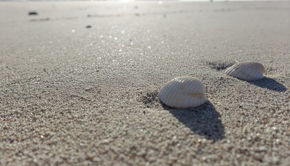 Two white seashells partially buried in sparkling sand on sunlit beach