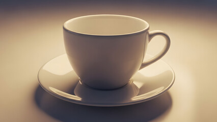 White ceramic coffee cup and saucer on a plain background, minimal and clean design for branding mockups.