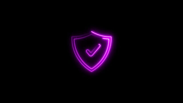 symbolizing security and protection icon animation with neon line. A glowing blue neon shield icon with a checkmark sign.