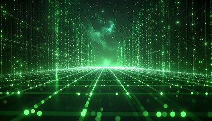 Futuristic digital data flowing through a luminous green grid