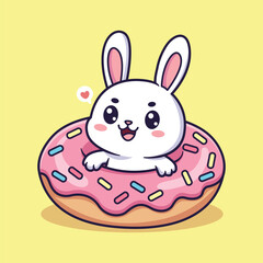 Cute Vector Illustration of a White Bunny Sitting in Pink Frosted Donut with Sprinkles and Heart Bubble on Light Yellow Background