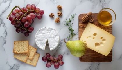 Assorted cheeses, crackers, grapes, and honey on marble surface for elegant snack