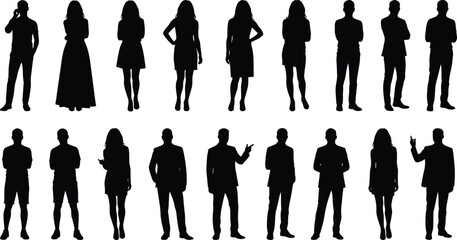 Silhouettes of men and women standing, posing, casual and formal outfits, diverse human figure poses collection, people 